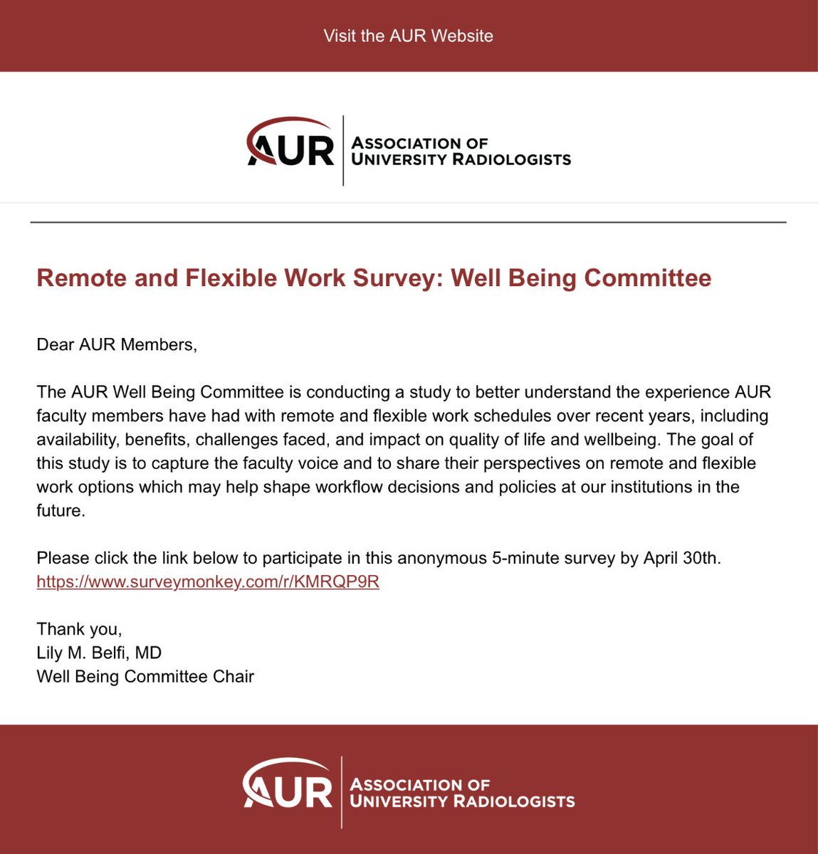 AUR Members: Have you had any experience with remote or flexible work schedules? The @AurWellBeing Committee wants to hear from you! Please fill out this anonymous 3 minute survey: surveymonkey.com/r/KMRQP9R @AURtweet @ACER_AUR @AMSERRads @ALChetlen @AnnJayMD1 @AverillMd @LoriDeitte