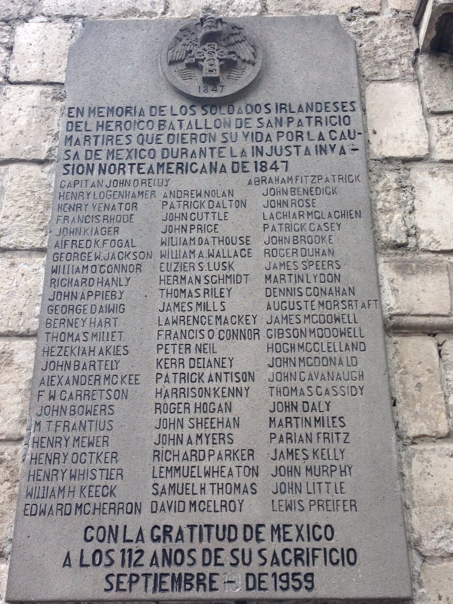 Arturo_Sarukhan's tweet photo. On #SaintPatricksDay, #Mexico always remembers the Irish soldiers of the San Patricio Battalion who fought alongside Mexico to defend it from an unjust war of invasion in 1847. A tablet in their memory, in the San Angel neighborhood in Mexico City.☘️🇲🇽🇮🇪 @IrishEmbMexico @dfatirl https://t.co/gjSYWPyGBZ