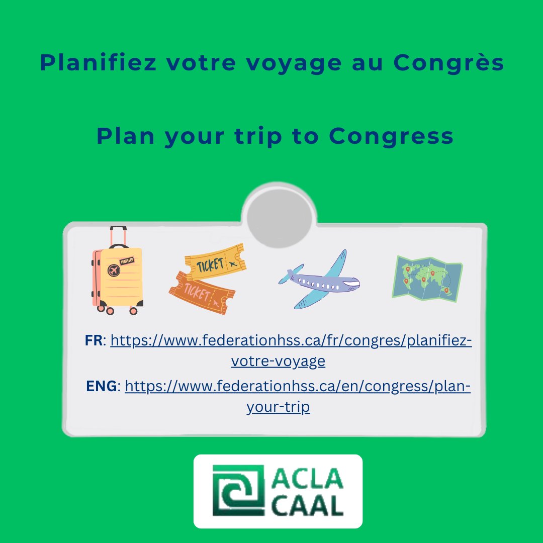 Planifiez votre voyage au Congrès grâce à ces informations utiles: federationhss.ca/fr/congres/pla… Plan your trip to Congress using this useful information: federationhss.ca/en/congress/pl… #ACLA2024