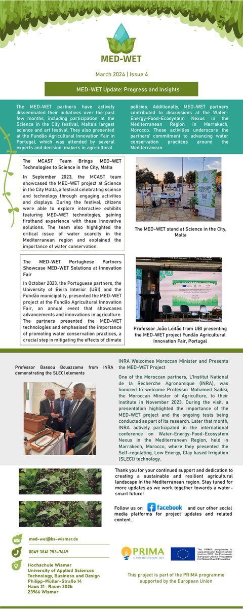 med_wet's tweet photo. MED-WET Newsletter Issue 4 is out!
What have the Med-Wet partners been up to? The partners have been busy disseminating their initiatives over the past few months!
#medwet #mediterranean #WaterConservation #waterscarcity #watersustainability #primaproject #agriculture #irrigation https://t.co/UrynJh9wj1