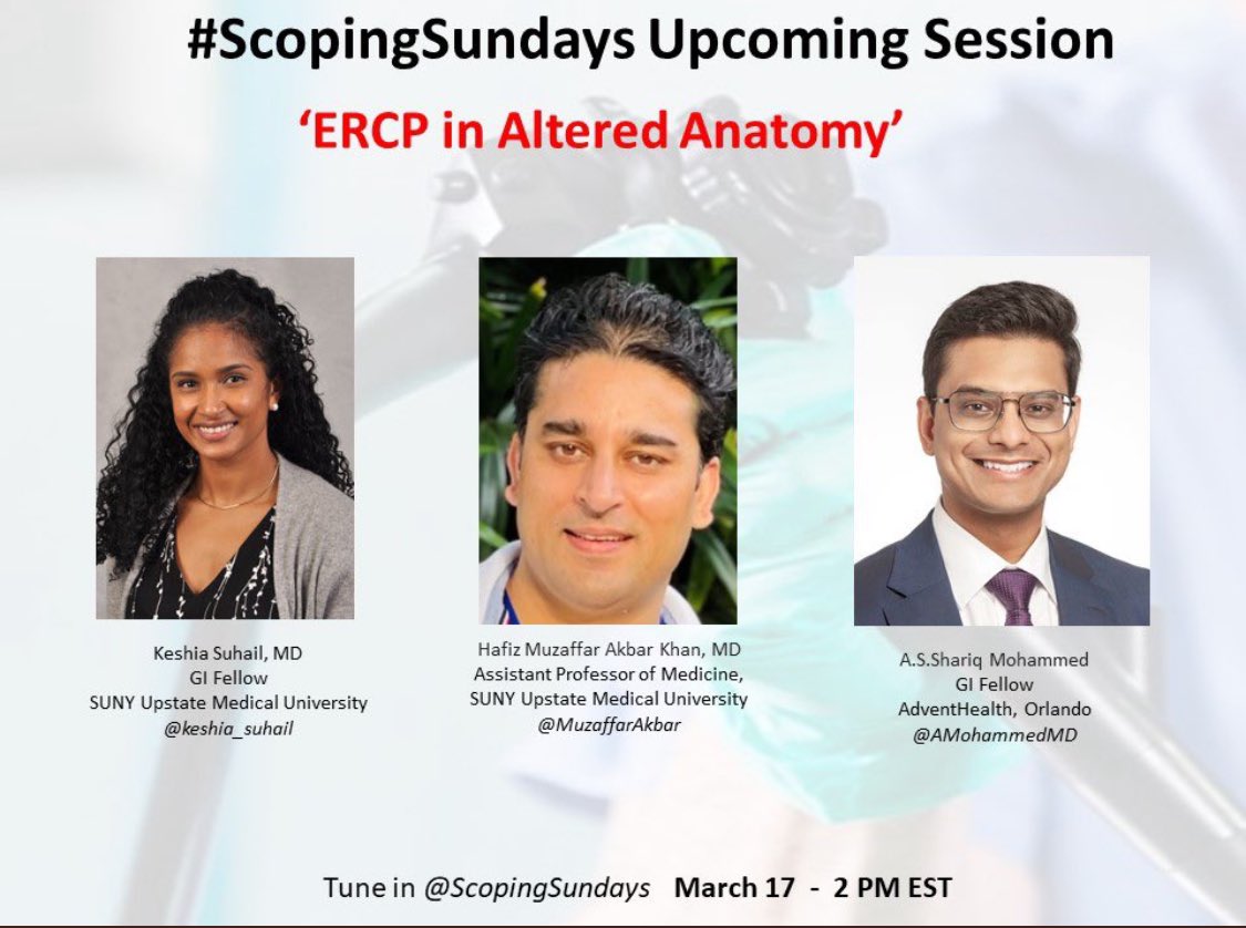 Join us today @ 2 pm EST @ScopingSundays for a very informative session on “ ERCP in altered anatomy” moderated by 2 very talented, rockstar fellows @keshia_suhail and @AMohammedMD. Thanks to @BilalMohammadMD for the invite.