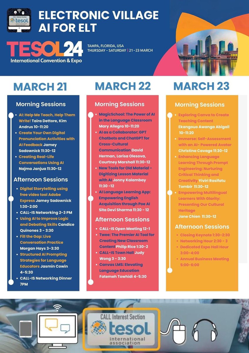 Get ready for TESOL 24 Electronic Village on AI for ELT in Tampa!! #tesolcallis