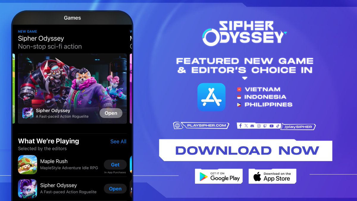 playSIPHER's tweet photo. This Week in Sipheria ๐
Achievement Unlocked ๐ฏ
Sipher Odyssey got featured in the Apple App Store as a โNew Gameโ & โEditorโs Choiceโ in 4 countries (Vietnam, Indonesia, Philippines, & Singapore)
