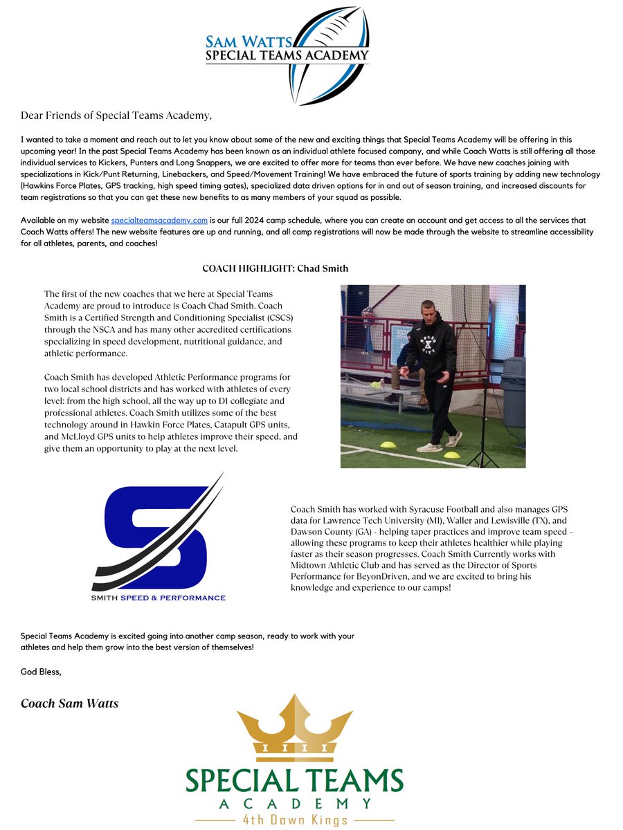 The 2024 Special Teams Academy season is underway!! Our website is open for registrations right now! Head to specialteamsacademy.com for all dates, times, and to sign up!! Check out our intro piece for new coach Chad Smith! #SpecialTeams #Football #Coaching #CoachWatts