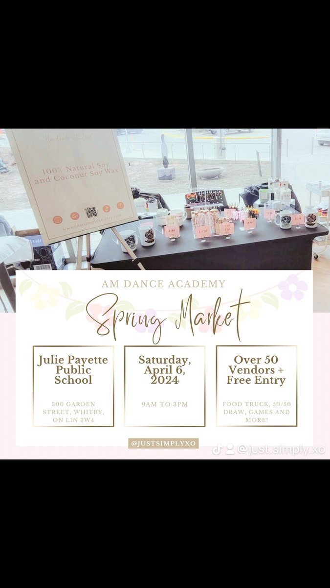 JustsimplyXO's tweet photo. Mark your calendars! 🗓️✨ Join us at the AM Dance Academy Spring Market Apr. 6 from 9AM-3PM. Admission is free. Come support local businesses and have a blast with us! See you there!
#vendormarket #springmarket #springvendormarket #supportsmallbusinesses #shoplocal #justsimplyxo https://t.co/tyg3cgj8qX