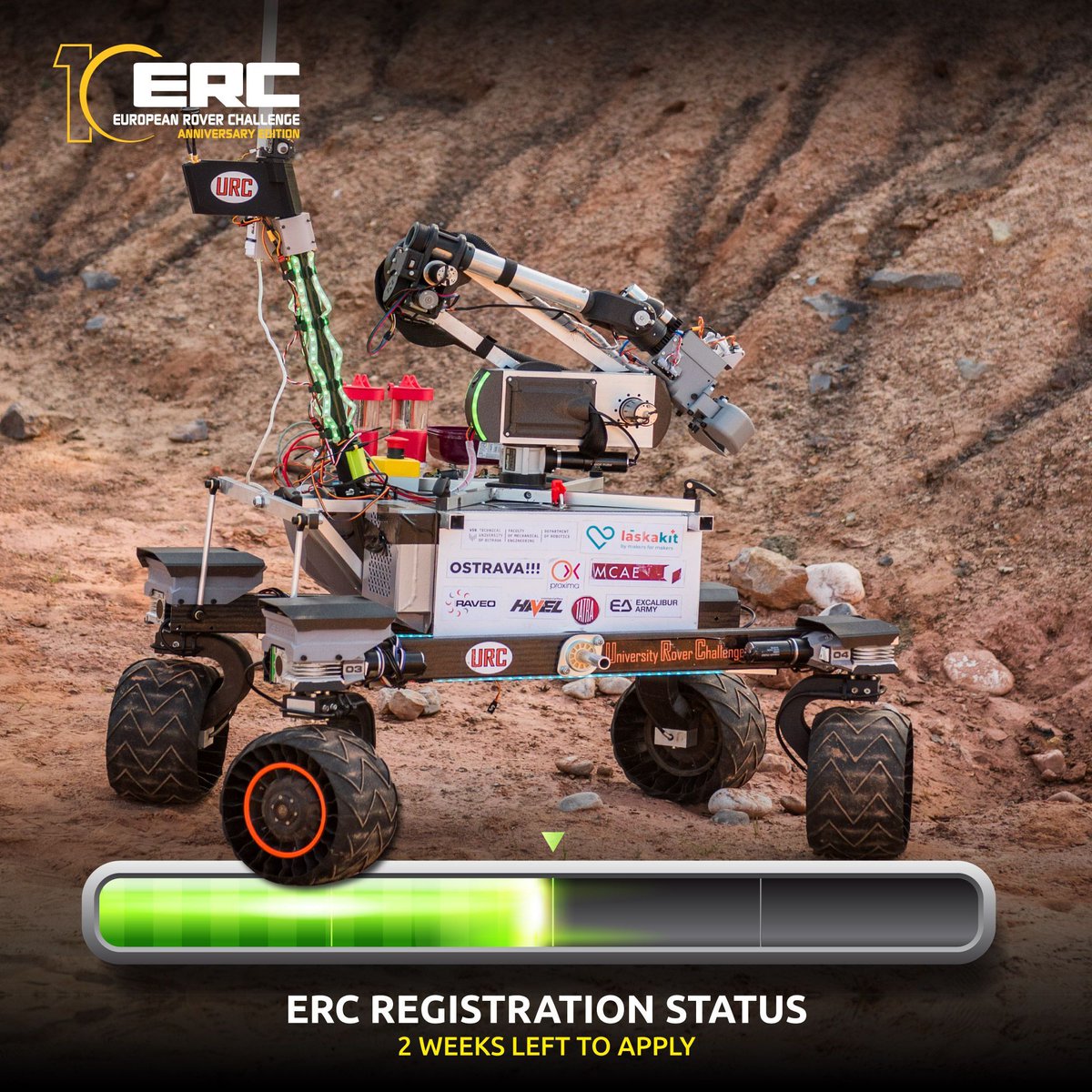 There's only two weeks left to register for the 10th anniversary edition of the European Rover Challenge! You'd better hurry and sign your team up now! 😱 ⏰ Registration & details: roverchallenge.eu/competitor-zon… In the picture: @team_roverova 's #K3P3 rover from @vsbtuo (Czechia).