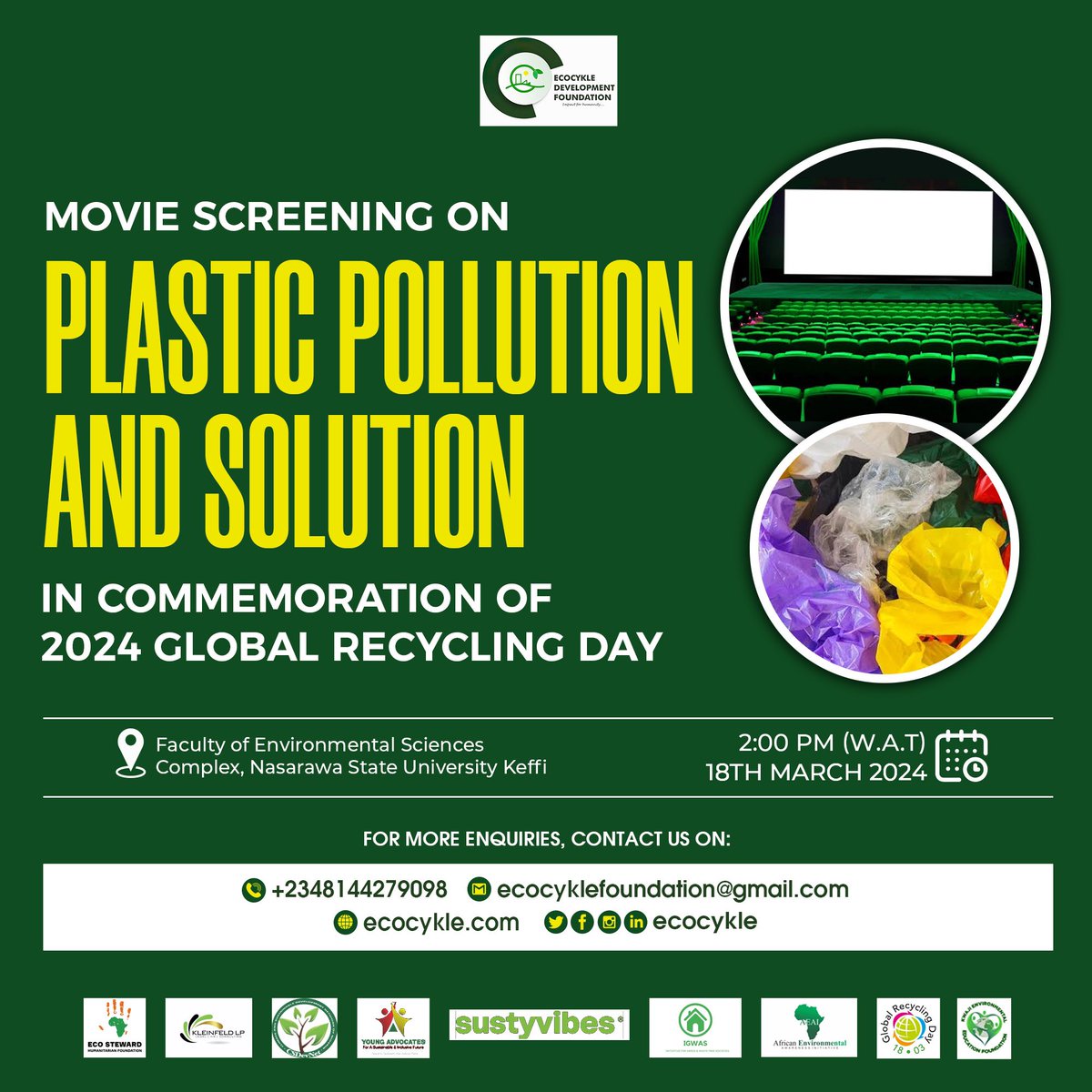 Ever wondered how plastics pollution, micro plactic and their heavy chemicals affects human health, the environment and aquatic species? Join us to commemorate #GRD2024 with a movie screening about plastic pollution and solutions. 🗓 18th March 2024 🕑 2:00pm WAT 📍NSUK, Keffi