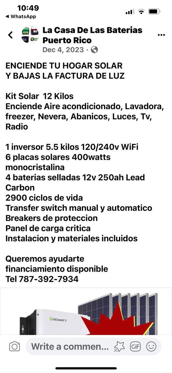 Si quieres un sistema solar backup, equivalente a un generador de 5,000 watts por $6,500 instalado llama a esta gente. Se lo acaban de instalar a mi tia y corre todas las luces de la casa, nevera, freezer, televisor, abanicos, etc. Tienen mas ofertas…