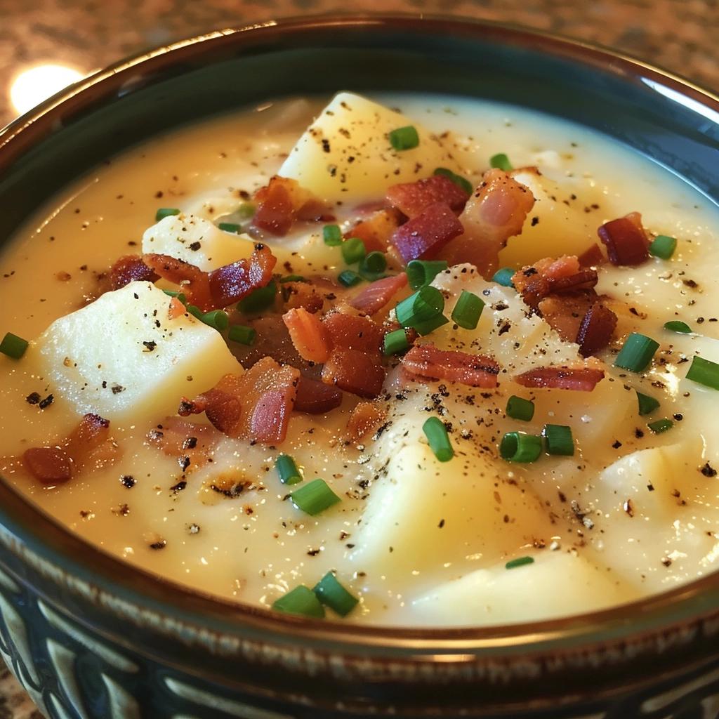 When I make potato soup after the potatoes boil I add cheese to the water. It melts and makes it creamy like milk or add extra cheese to make it cheesy potato.  I sauté onion, celery and carrots and add to soup. Put just enough water in pot to cover potatoes.