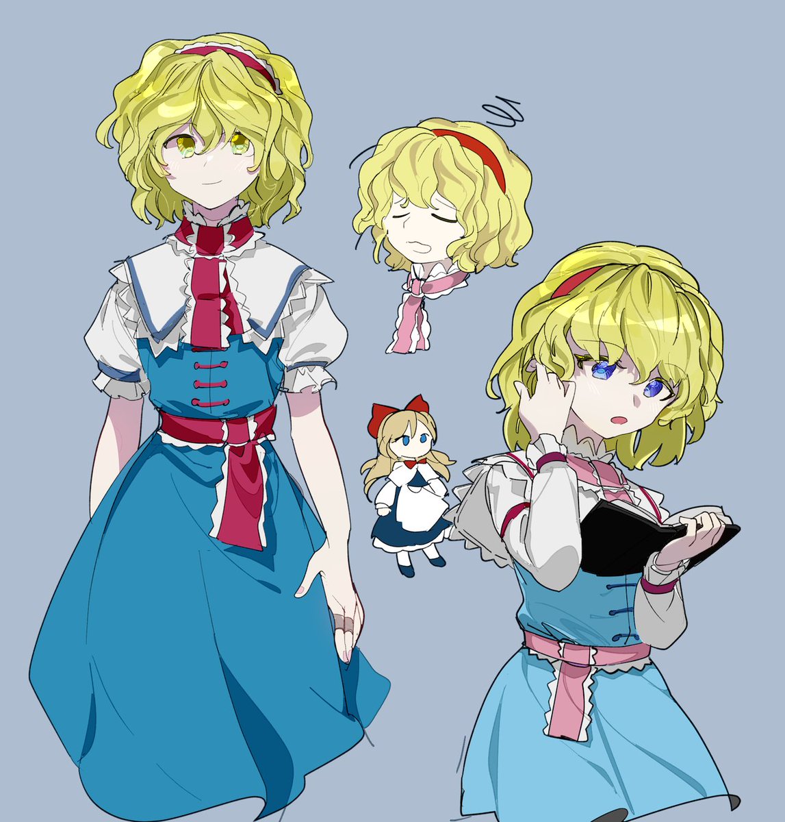 alice margatroid ,shanghai doll 1girl looking at viewer smile open mouth short hair blue eyes simple background  illustration images