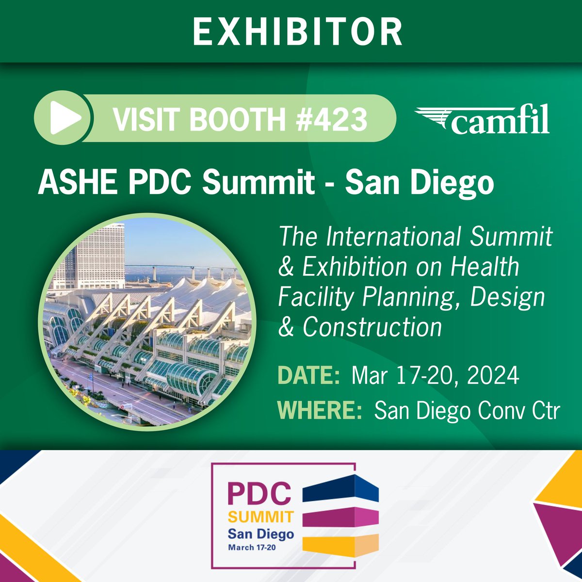 We are thrilled to announce our participation in the 2024 ASHE PDC Summit. Visit us at booth 423 to discover how our air filtration systems can enhance indoor air quality in hospitals and clinics. -> okt.to/IiZehs.

#HealthCare #ASHEPDCSummit #CamfilUSA #AirFiltration