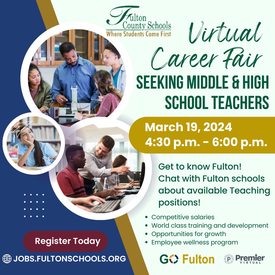 It's not too late! Registration is still open for our Middle & High Schools virtual career fair! Chat with us. #TeachInFulton #HiringTeachers
Register Today: ow.ly/CEO150QBhKe