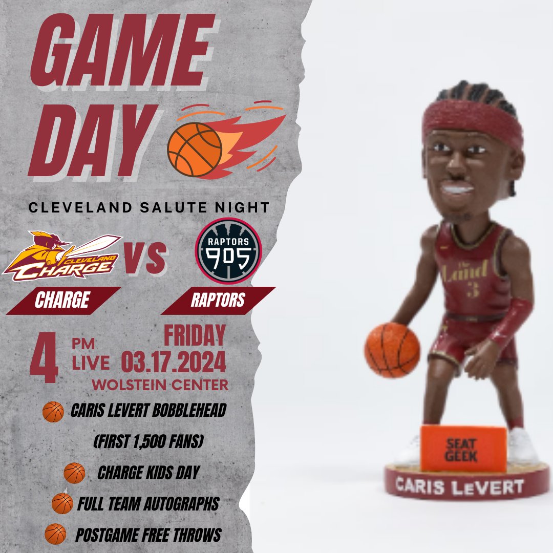 🏀 Today's the day, Cleveland Charge fans! Join us as we take on Raptors 905 at 4pm! Doors open at 3pm. 🚪 The first 1,500 fans will receive Caris LeVert bobbleheads! Stick around after the game for full team autographs and free throws!