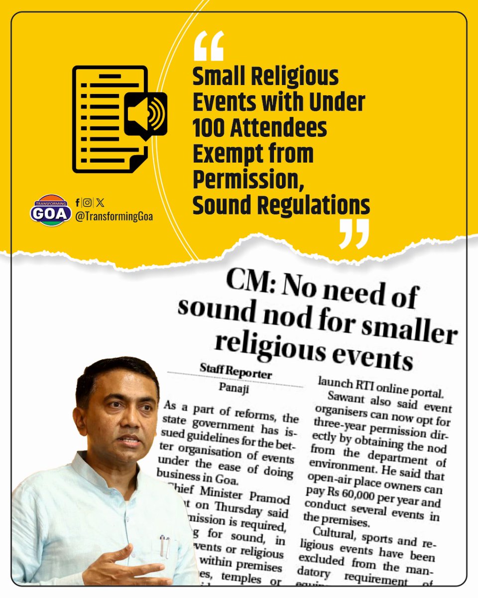 Small Religious Events with Under 100 Attendees Exempt from Permission, Sound Regulations

#goa #GoaGovernment #TransformingGoa #facebookpost #bjym #bjymgoa #ReligiousEvents #SmallGatherings #Exemption #SoundRegulations #CommunityGatherings #EventPermissions #localregulations