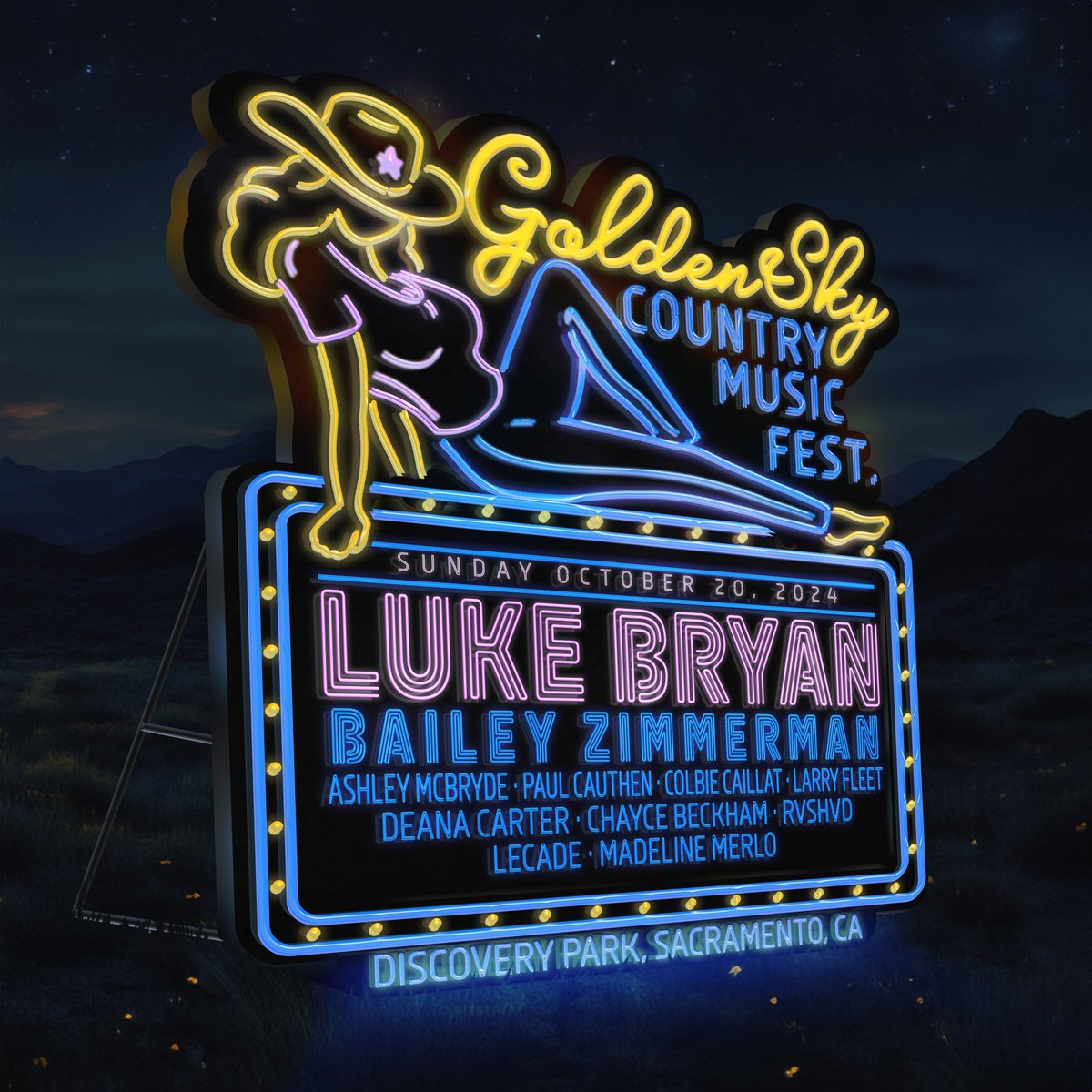 GoldenSky Fans, Sunday's lineup is pure gold! 🌟 @lukebryan, @baileyzimmerman, @AshleyMcBryde, and an incredible array of talent are ready to close out the festival with unforgettable performances. Don't miss your chance to experience the magic – secure your single day passes…
