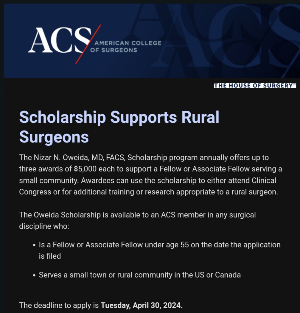 Practicing in rural area? Apply for scholarship to attend clinical congress or additional training. Link: facs.org/for-medical-pr…