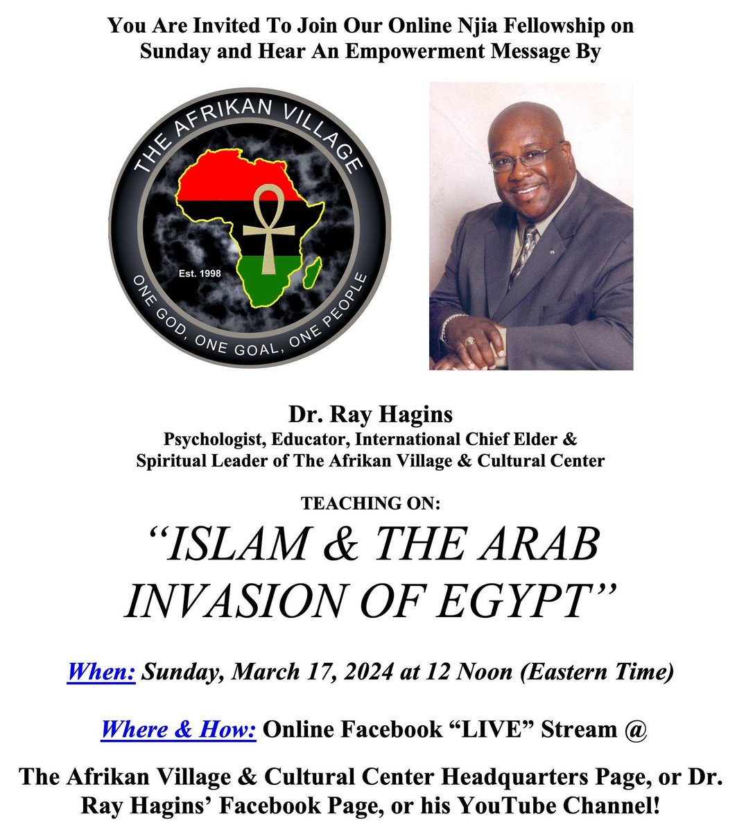 We are 1 hour away from today's Sunday Njia Fellowship  Starts Noon EST (11am CST). I'll be sharing from Facebook Dr. Ray Hagins will be sharing on Facebook or on youtube (PLEASE SUBSCRIBE) & on The Afrikan Village & Cultural Center - St. Louis (Headquarters) Facebook page
❤🖤💚