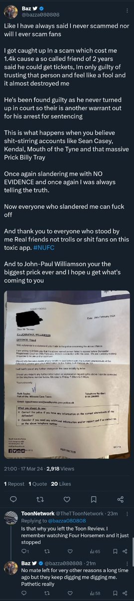 I have to answer this slur. Poor chap got scammed by his mate, but Barry was trying to make money from #NUFC fans by selling Club Wembley Carabao Final tickets at more than face value. So he's not as innocent as he'll have you believe. Typical attention seeking shite from him