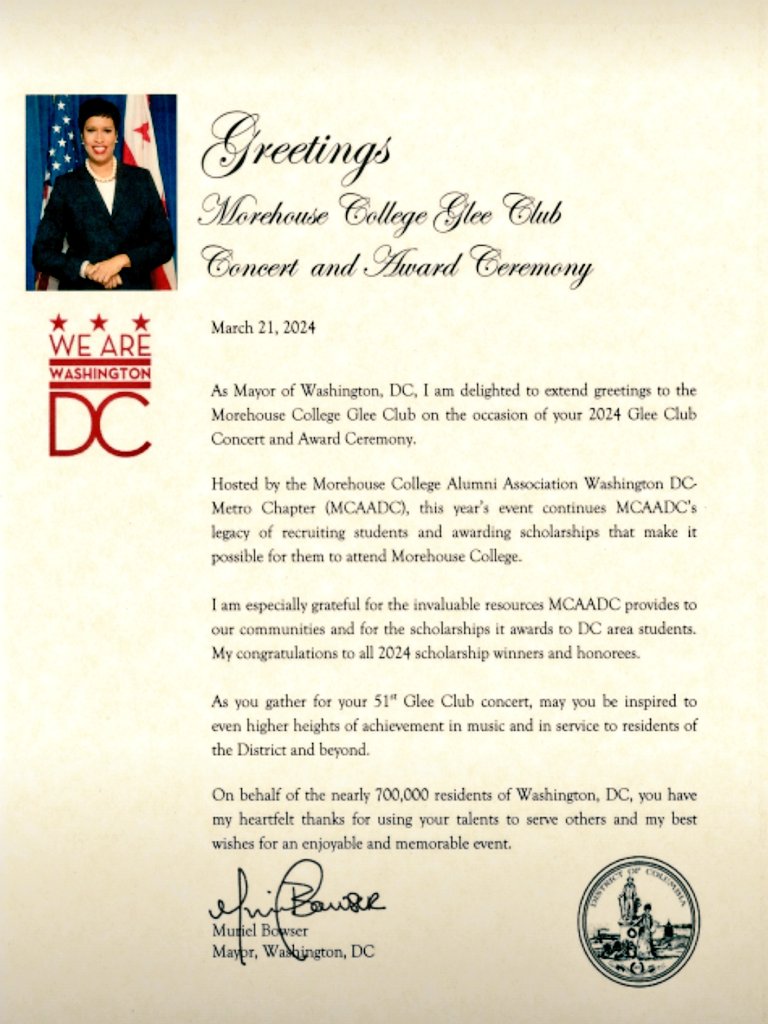 MorehouseDCalum's tweet image. #DMVGleeClubWeek2024 @MCGClub thanks for  #WelcomeLetters  @MayorBowser @CEXAlsobrooks @Rockville411 @joleneivey @RonForMaryland