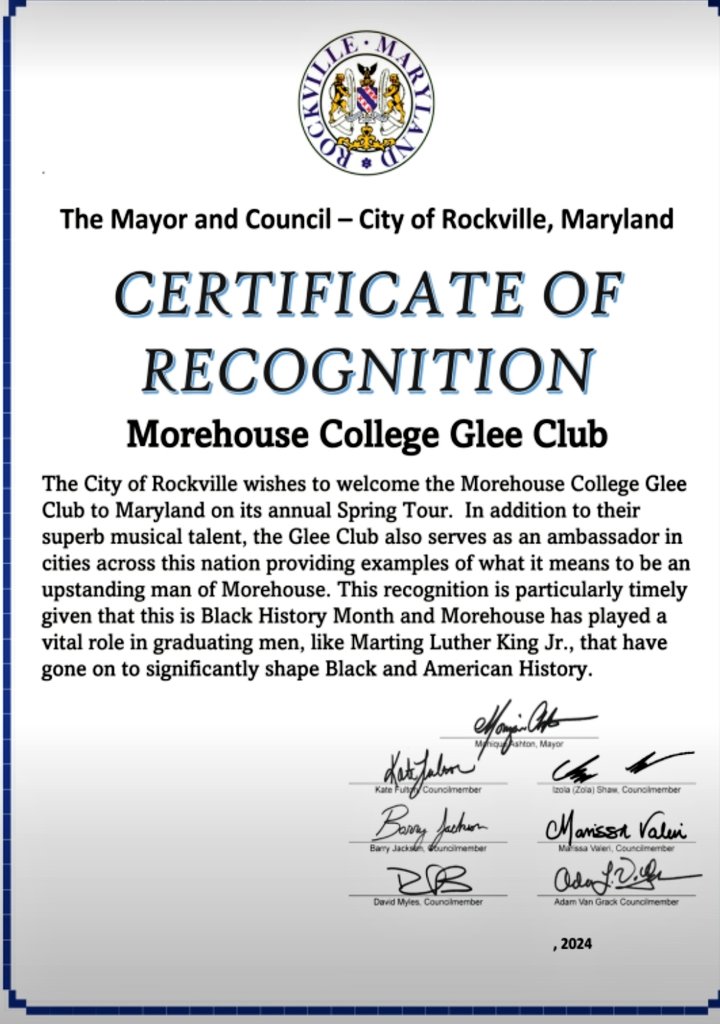 MorehouseDCalum's tweet image. #DMVGleeClubWeek2024 @MCGClub thanks for  #WelcomeLetters  @MayorBowser @CEXAlsobrooks @Rockville411 @joleneivey @RonForMaryland