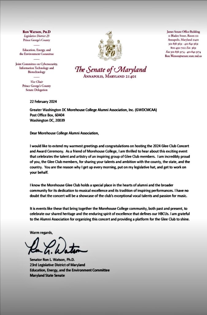 MorehouseDCalum's tweet image. #DMVGleeClubWeek2024 @MCGClub thanks for  #WelcomeLetters  @MayorBowser @CEXAlsobrooks @Rockville411 @joleneivey @RonForMaryland