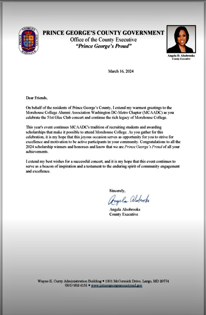 MorehouseDCalum's tweet image. #DMVGleeClubWeek2024 @MCGClub thanks for  #WelcomeLetters  @MayorBowser @CEXAlsobrooks @Rockville411 @joleneivey @RonForMaryland