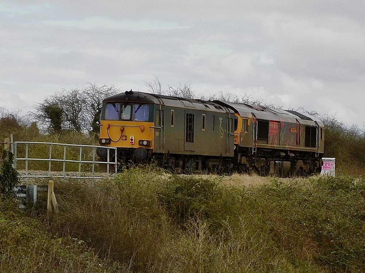 A rare visitor to Wiltshire #73Sunday sees 73970 being towed by 66718 on the 0O45 Doncaster Down Decoy Gbrf to Eastleigh East Yard seen outskirts of Swindon