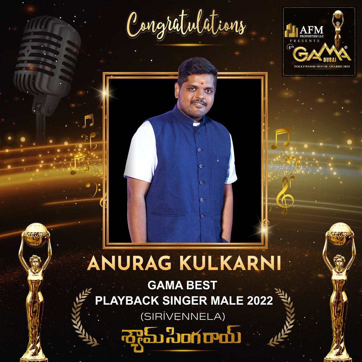The Soulful Singer #AnuragKulkarni bags GAMA BEST PLAYBACK SINGER MALE 2022 for #Sirivennela song from #ShyamSinghaRoy ♥️♥️

#Nani #SaiPallavi #RahulSankrityan #MickeyJMeyer
#GAMAAwards2024 #GAMAMovieAwards 
#GAMA2024 #GAMADubai #AFMProperties
