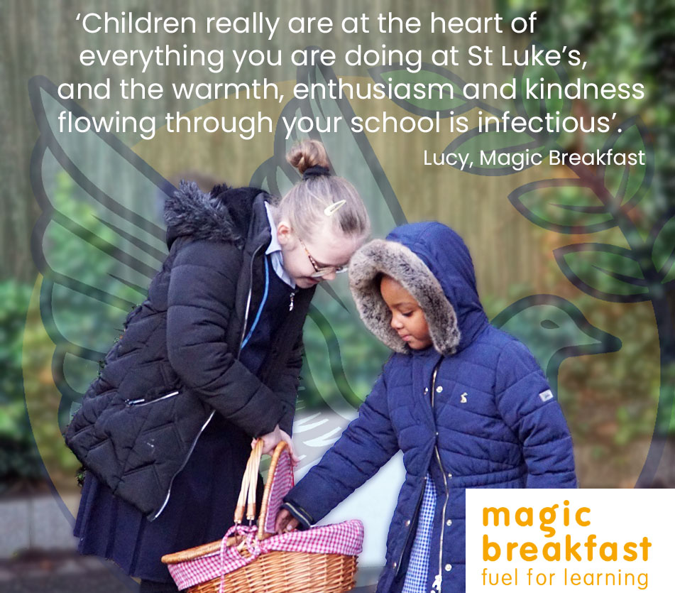 A visit from Lucy @magic_breakfast is always welcome. We are pleased to continue our partnership. 
'Breakfast at St Luke's is so much more than just food, its building social and practical skills.' #fuelforlearning #Breakfastclub #bagelatthegate #nochildtoohungrytolearn
