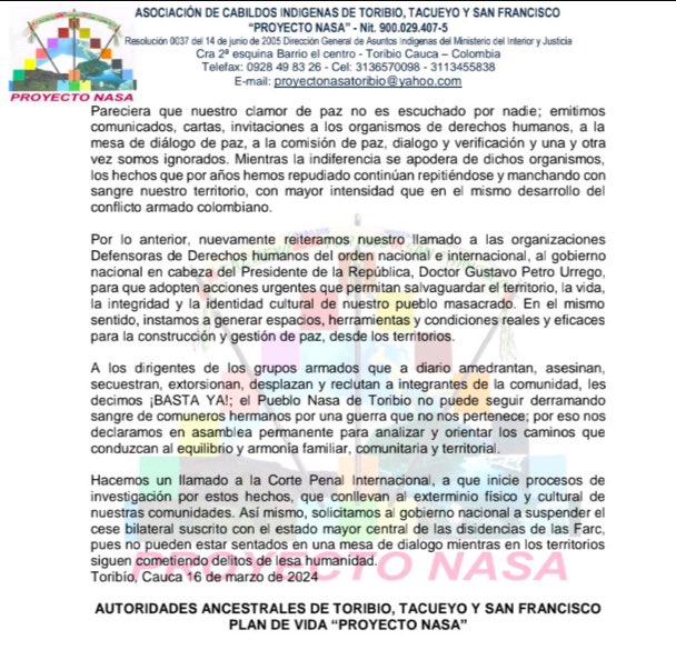 La asociación de cabildos indígenas de Toribío, Tacueyó y San Francisco solicitan suspender el cese bilateral suscrito con el EMC: “Hacemos un llamado a la Corte Penal Internacional, a que inicie procesos de investigación por estos hechos, que conllevan al exterminio físico y…