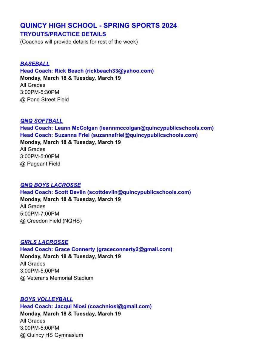 QHSAthletics's tweet photo. SPRING SPORTS TRYOUT/PRACTICE DETAILS
Day 1 is tomorrow - Monday, March 18th

Please note: All athletes must be registered online at ArbiterSports (formerly FamilyID) &amp; have up-to-date physical on file in order to participate.

Link to register: https://t.co/1YBKDsxrHb https://t.co/Q3zErgxO40