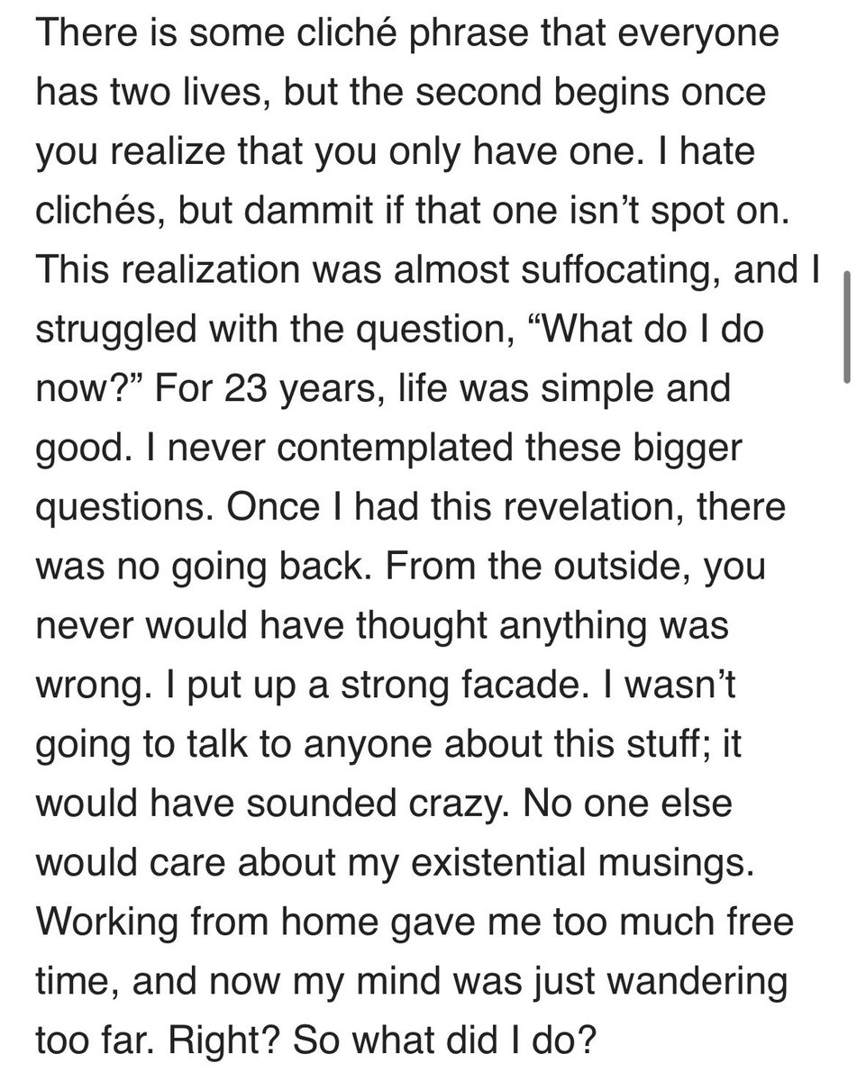 Jack_Raines's tweet photo. When I was 24, I penned a lengthy blog post about my decision to quit my job and travel the world in the face of some serious existential angst.

It’s worth revisiting old stuff like this from time to time. Our memories might lie to us, but our words don’t.

(I like 24 y/o Jack) https://t.co/dwXRu79Qkh