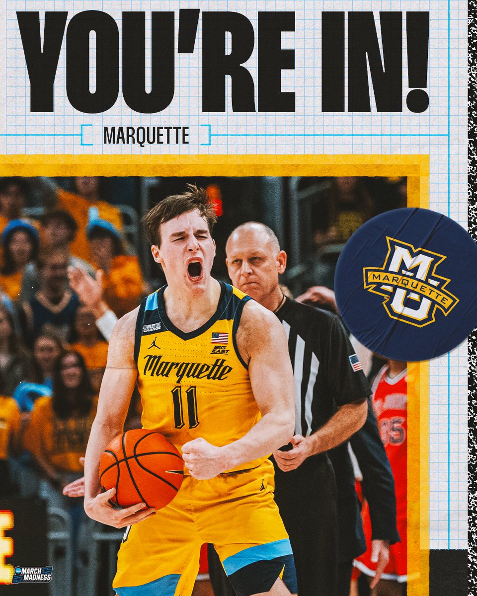 MarchMadnessMBB's tweet photo. Marquette is DANCING!

#MarchMadness @MarquetteMBB https://t.co/srAOC31ZQK