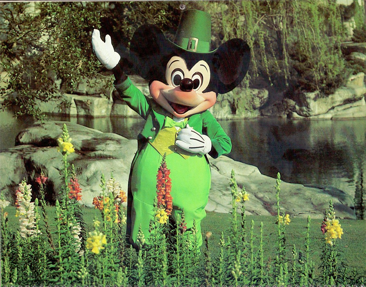 Mickey celebrating his Irish heritage in the Victoria Gardens area of EPCOT Center's Canada pavilion. As one does. (1983 WDW Engagement Calendar photo)