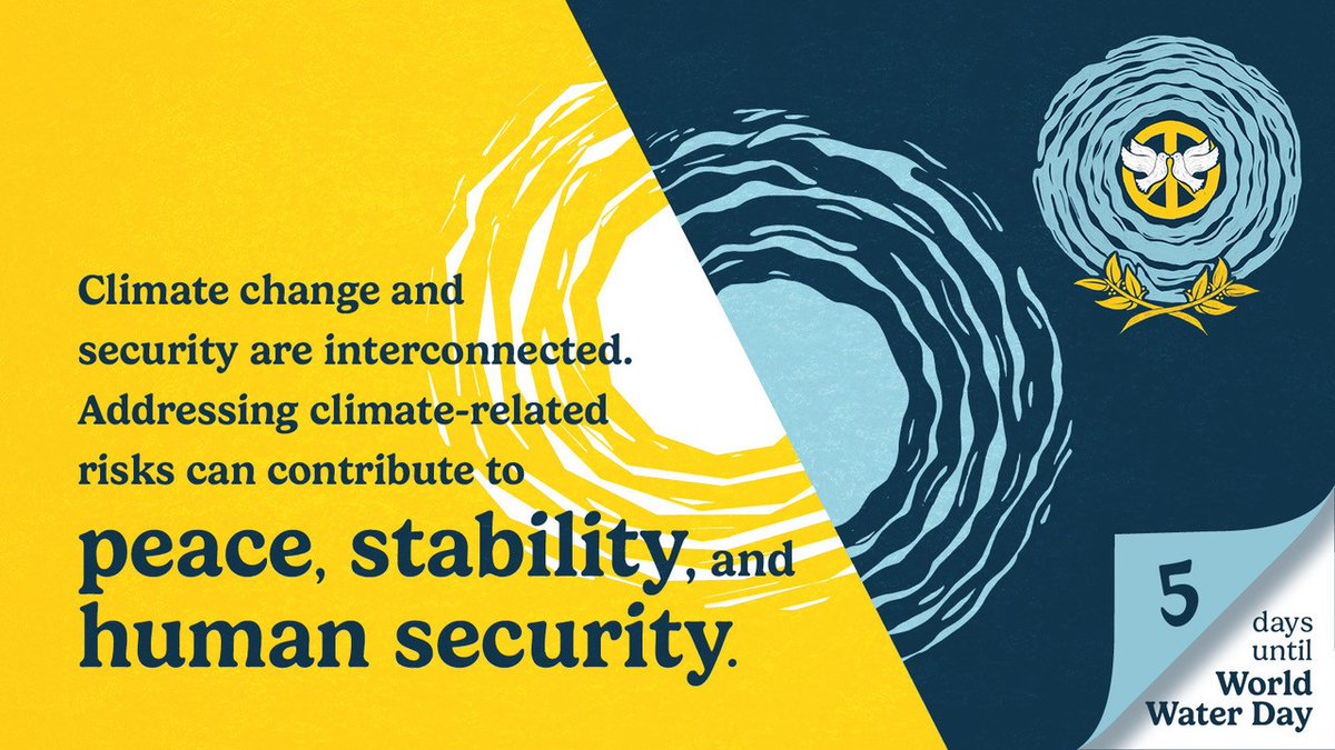 5 days until #WorldWaterDay! Understanding how #ClimateChange intersects with security and #water issues is vital. Climate-related risks can disrupt #peace & stability. Conflict analyses & climate risk assessment tools are vital to address such challenges. #WaterForPeace 💧🕊️