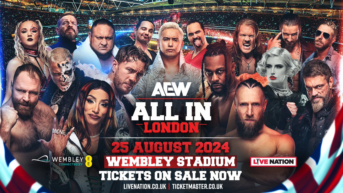 AEW's tweet image. 🇬🇧 #AEW returns to @WembleyStadium in 2024 over the Bank Holiday for ALL IN on Sunday 25th August!

Be there LIVE for one of the biggest events in professional wrestling! 🎟 livenation.co.uk/artist-all-eli…