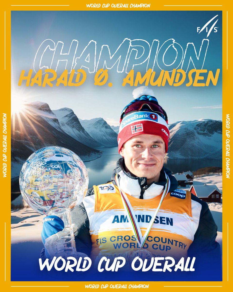 He’s out of reach, Mister Harald Amundsen 🇳🇴celebrates today his 1st Crystal Globe 🔮 by winning the 2023/2024 overall World Cup 🟡🏆   

#fiscrosscountry #globe #overall #winner #fisworldcup #champion #hero #wintersports #finals