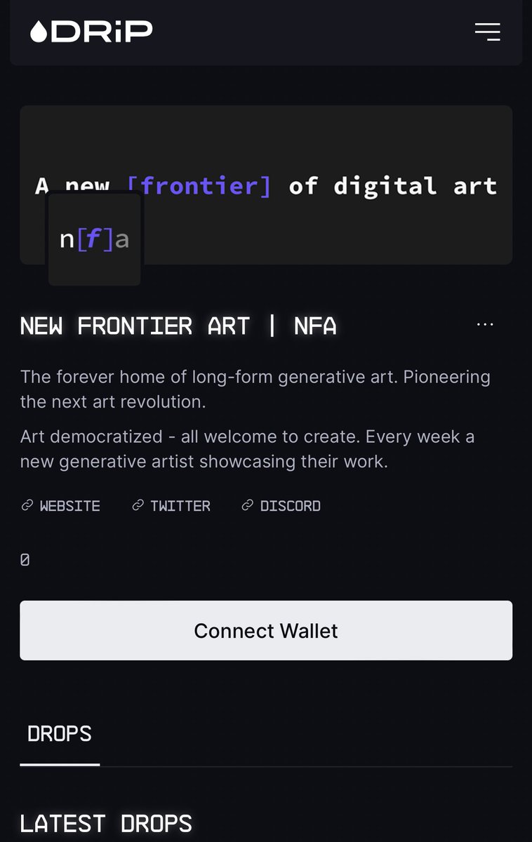 Art democratized - all welcome to create. Every week a new generative artist showcasing their work.

Let’s drop long-form to 100k+ users every week. Using our platform to lift up every artist on Solana. 

Endless appreciation to the <a href="/drip_haus/">DRiP 💧</a> team for the support and platform ❤️