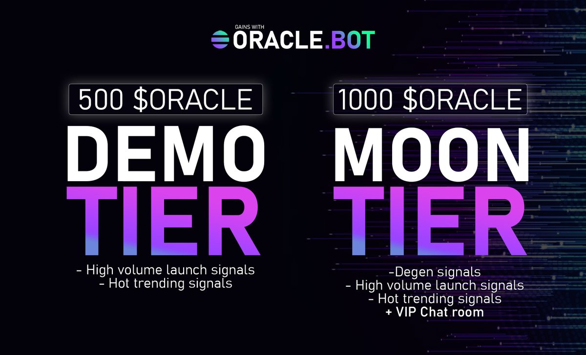 OracleBotSol's tweet image. To access the bot, make sure you are holding 500 $ORACLE (for the DEMO TIER) or 1000 $ORACLE (for the MOON TIER) in your wallet

▶️ Choose your tier

⚡️DEMO TIER (500 $ORACLE) :
- High volume launch signals
- Hot trending signals

Join here (Please make sure you use phantom…