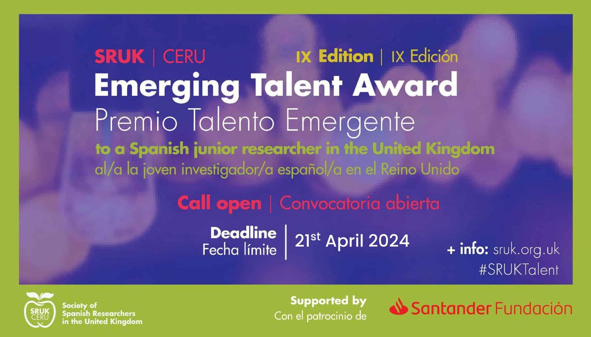 🚨🏆The call for the 2024 SRUK/CERU emerging Talent Award, with the support of @SantanderFund, is OPEN!🏆🚨 Share it!🔄 🥼Are you a promising 🇪🇸Spanish researcher in the 🇬🇧UK? 📤Apply now! 💷£14000 + commemorative sculpture 🔴Deadline: March 21st ℹ️ sruk.org.uk/opportunities/…