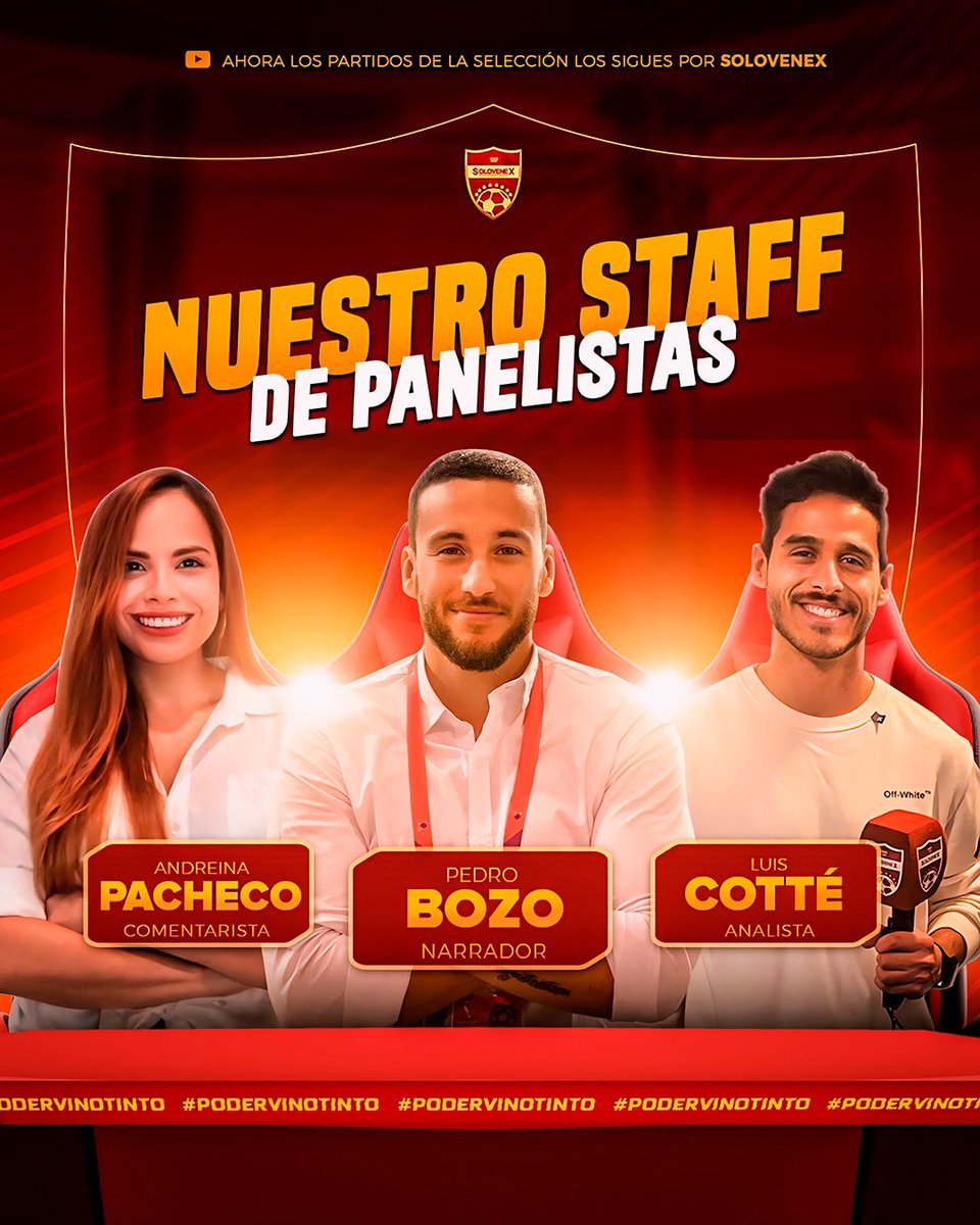 ¡𝗔𝗹𝗶𝗻𝗲𝗮𝗰𝗶𝗼́𝗻 𝗰𝗼𝗻𝗳𝗶𝗿𝗺𝗮𝗱𝗮! • 🎤 ⚽️🇻🇪

• Estos serán nuestros panelistas de cara a la fecha FIFA de marzo que se jugará en Estados Unidos. 

• 𝗔𝗻𝗱𝗿𝗲𝗶́𝗻𝗮 𝗣𝗮𝗰𝗵𝗲𝗰𝗼, 𝗣𝗲𝗱𝗿𝗼 𝗕𝗼𝘇𝗼 𝘆 𝗟𝘂𝗶𝘀 𝗖𝗼𝘁𝘁𝗲́ les llevarán las incidencias a través