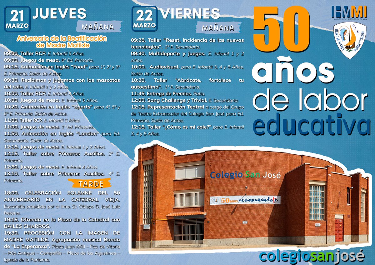sanjosesalamanc's tweet photo. SAN JOSÉ 2024 | Comenzamos nuestras fiestas del #50añosAcompañándote con este gran programa festivo y cultural para toda la Comunidad Educativa.
 ¡Os esperamos!💙 https://t.co/somClo89qU