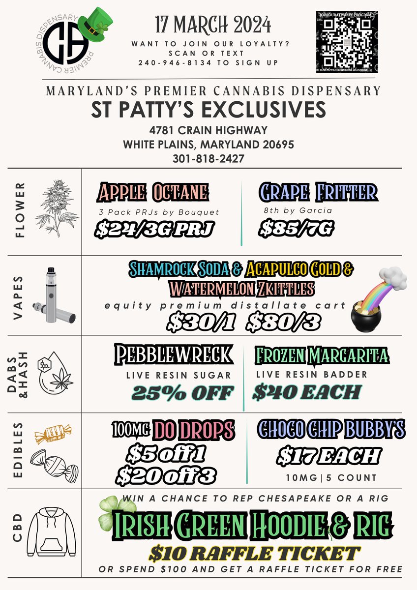 ChesapeakeApoth's tweet photo. Get Lucky this St. Patty's Day @ Chesapeake Apothecary OG in White Plains! Open til 9PM!
https://t.co/BlkmQy2PvB
Adults 21+ &amp; MCA Patients 18+ Only https://t.co/8M7Bx1yL8h