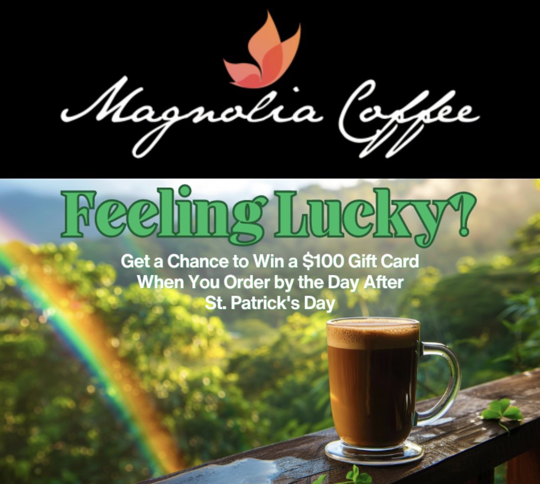 ☘️ Feeling Lucky?!🍀 Win a FREE $100 Magnolia Coffee gift card! All fans who place any order by Monday 3-18 midnight EST will be automatically entered to win. Winner will be announced through our stories. So Order some award-winning coffees and &amp; you may just win $100 worth more!