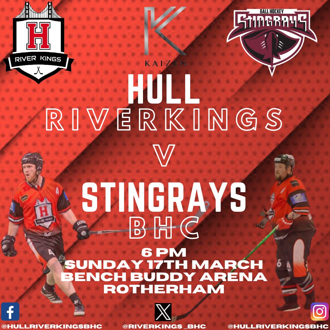 ITS GAMEDAY!!
We travel to Rotherham for the 1st time in 2024 as we take on Stingrays Ball Hockey in a 6PM Faceoff 
**Please note The game WILL NOT be streamed**
#RIVERKINGS 
🔴⚫️⚪️🔴⚫️⚪️