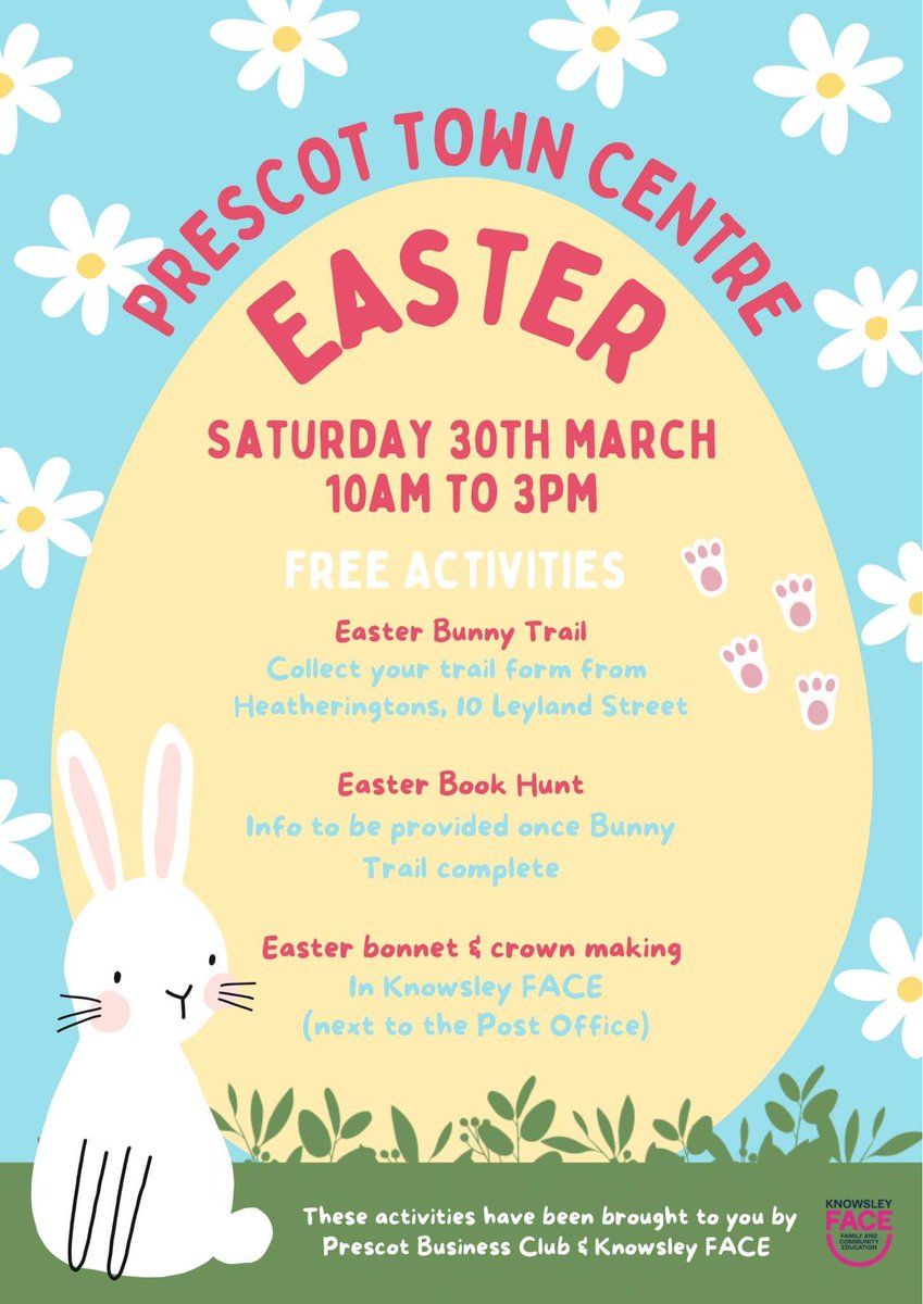 Free Easter family fun provided by Prescot Business Club and @knowsley_FACE Have a great day with the kids and discover all the fantastic independent retailers, services and hospitality providers around the town centre. Make a day (and night!) of it 😁