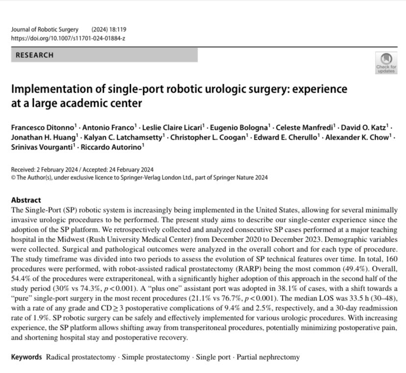 Available online @JRobotSurg an extensive analysis about indications, technical nuances, and outcomes obtained with SP Robot at @RushUrology 🏛️. >150 procedure and temporal analysis uncover the variations in patterns and trends using SP platform 🔍