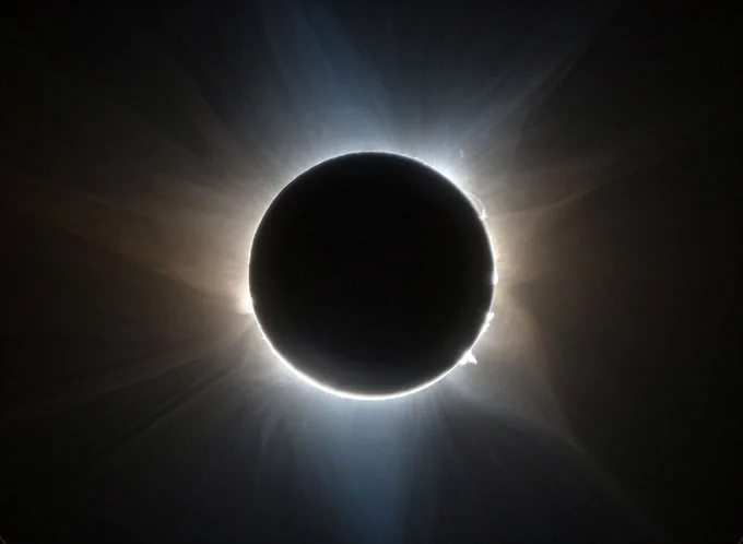 The Moon's shadow obscures the Sun, making the Sun appear like a black disk. The solar corona is emphasized and solar prominences are visible leaping from the surface. Dramatic whisps of solar energy emanate from the Sun. The rest of the image is dark. The CATE 2024 team produced this view of the solar corona from images recorded in two polarization angles during a total solar eclipse in Australia on April 20, 2023. Credits: Courtesy of SwRI/Citizen CATE 2024/Dan Seaton