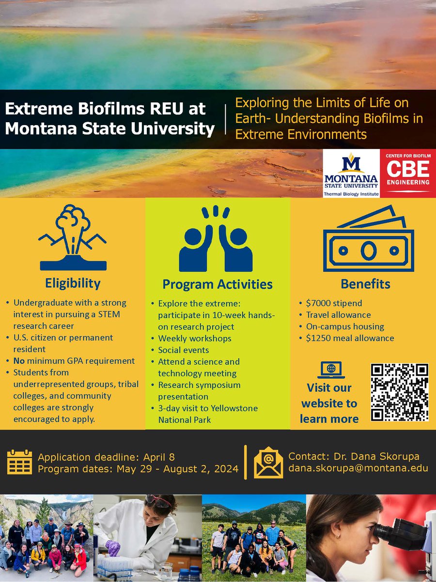 Gerlach-Lab (@gerlachlab) on Twitter photo Application deadline April 8 for the 2024 <a href="/montanastate/">Montana State University</a> @biofilmfirst <a href="/MSUExtremeBio/">MSU Extreme Biology</a> Extreme Biofilms REU, a 10-week summer program for undergraduate students, providing hands-on research experience. Check out our website and apply! tbi.montana.edu/undergraduate-… Application deadline April 8 for the 2024 <a href="/montanastate/">Montana State University</a> @biofilmfirst <a href="/MSUExtremeBio/">MSU Extreme Biology</a> Extreme Biofilms REU, a 10-week summer program for undergraduate students, providing hands-on research experience. Check out our website and apply! tbi.montana.edu/undergraduate-…