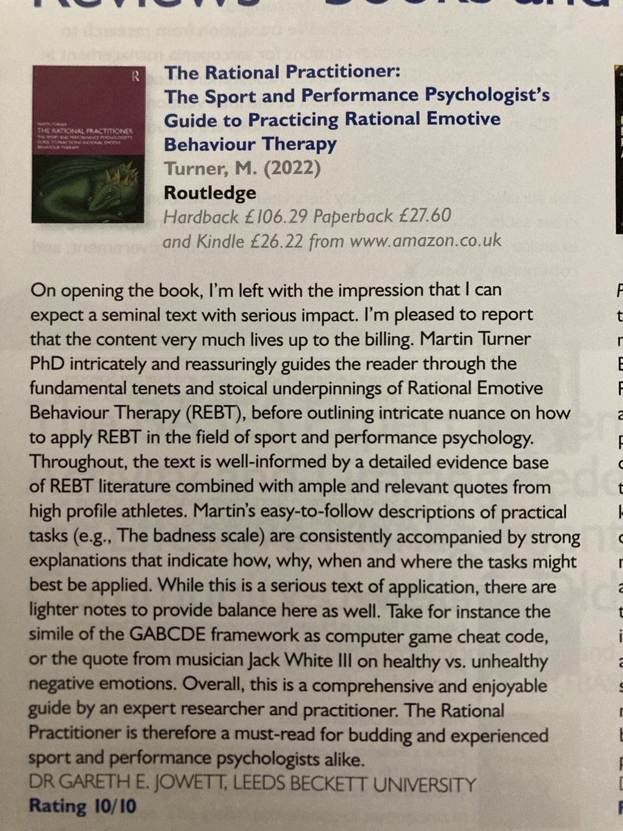 Thanks to Gareth Jowett ⁦@leedsbeckett⁩ and ⁦@basesuk⁩ ⁦@BASES_Psy⁩ for the glowing review on my book on using REBT in sport and performance settings. 🙏 routledge.com/The-Rational-P…